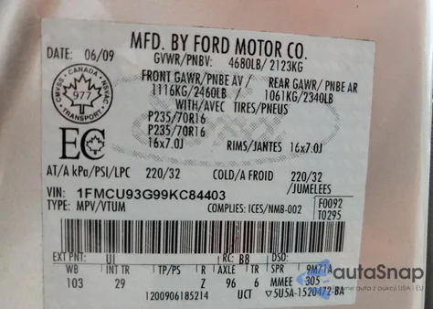 2009 Ford Escape Xlt z USA, uszkodzony, nr VIN 1FMCU93G99KC84403